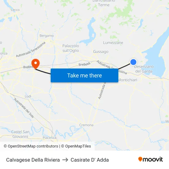 Calvagese Della Riviera to Casirate D' Adda map