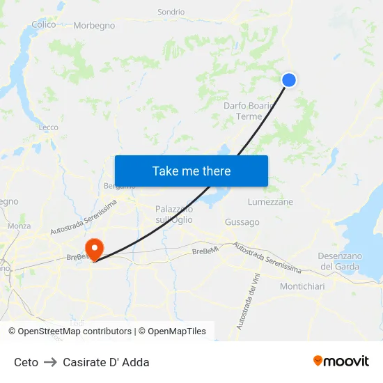 Ceto to Casirate D' Adda map