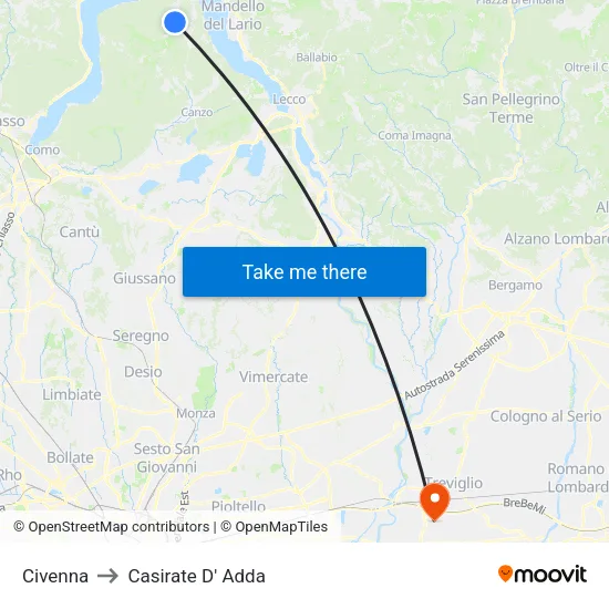 Civenna to Casirate D' Adda map