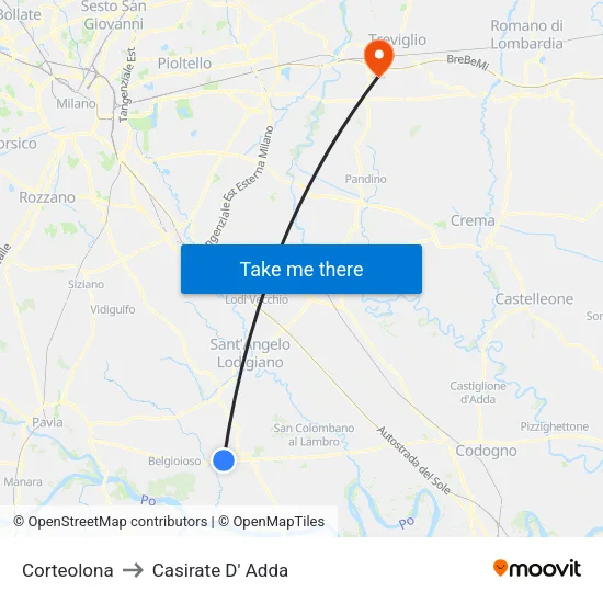 Corteolona to Casirate D' Adda map
