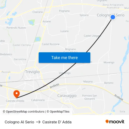 Cologno Al Serio to Casirate D' Adda map