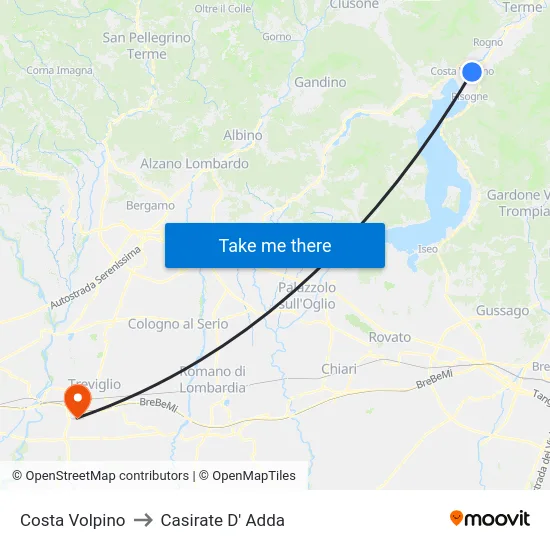 Costa Volpino to Casirate D' Adda map