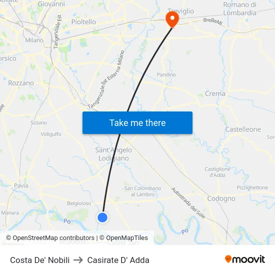 Costa De' Nobili to Casirate D' Adda map