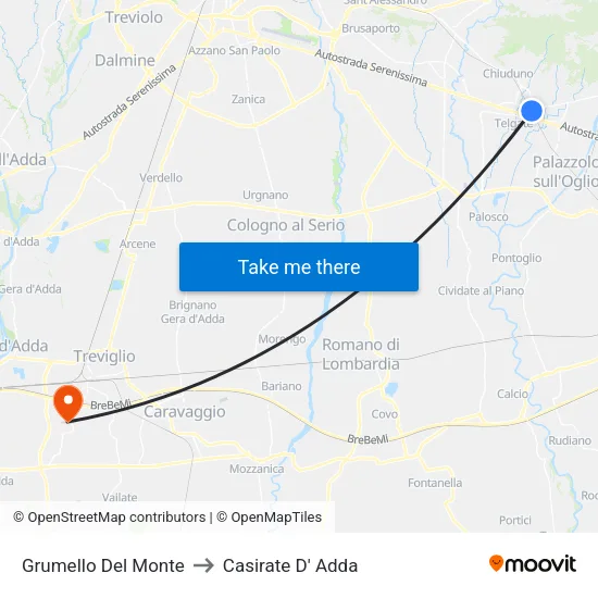 Grumello Del Monte to Casirate D' Adda map