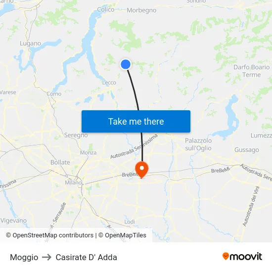 Moggio to Casirate D' Adda map