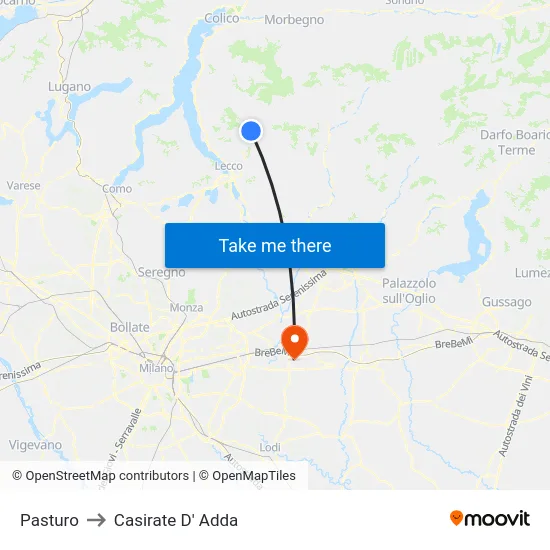 Pasturo to Casirate D' Adda map