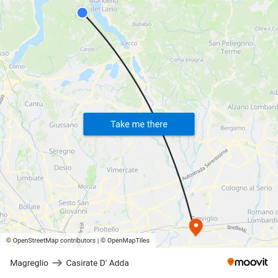 Magreglio to Casirate D' Adda map