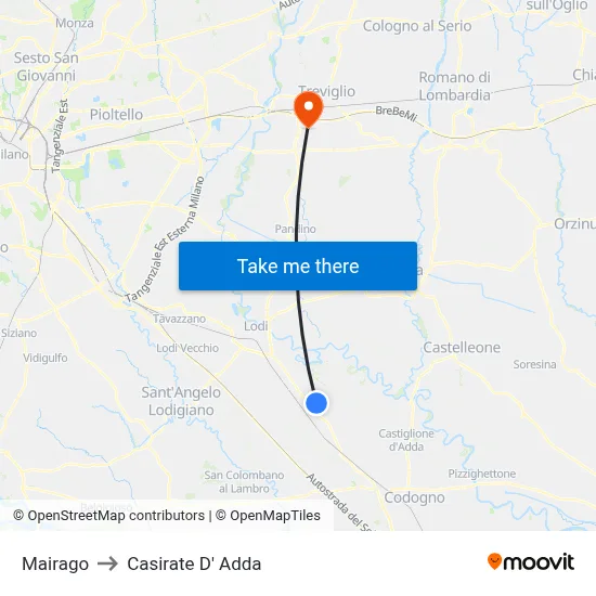 Mairago to Casirate d'Adda map