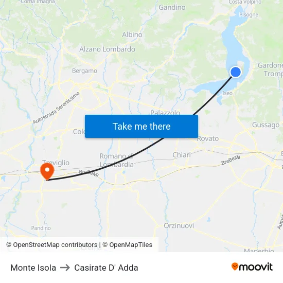 Monte Isola to Casirate D' Adda map