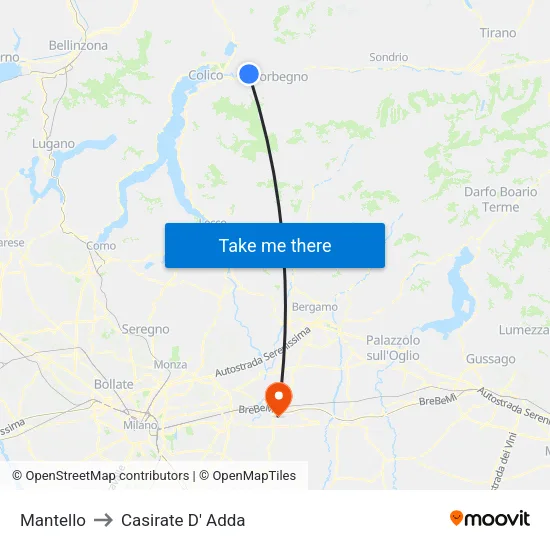 Mantello to Casirate D' Adda map