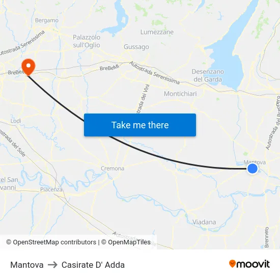 Mantova to Casirate D' Adda map