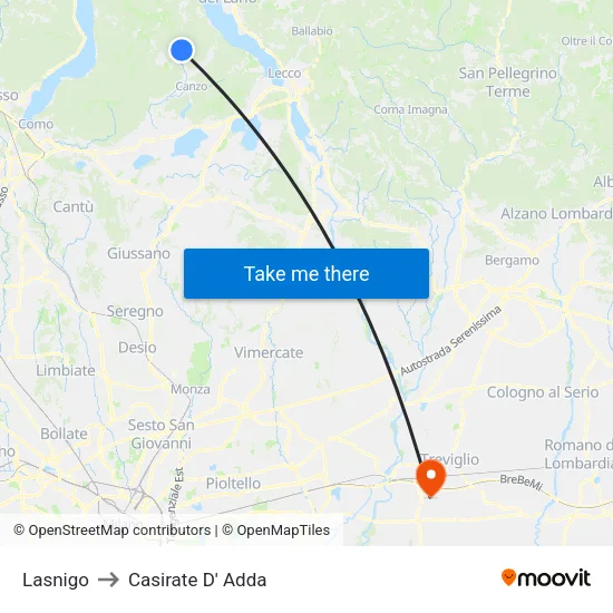 Lasnigo to Casirate D' Adda map