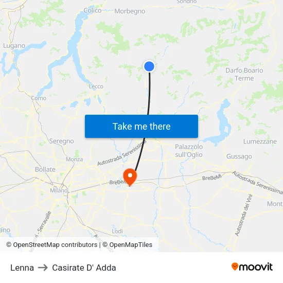 Lenna to Casirate D' Adda map