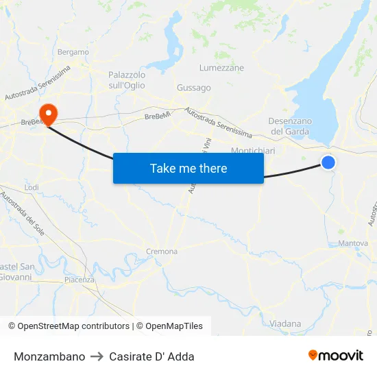 Monzambano to Casirate D' Adda map