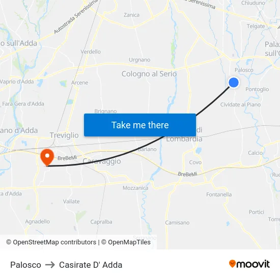 Palosco to Casirate D' Adda map