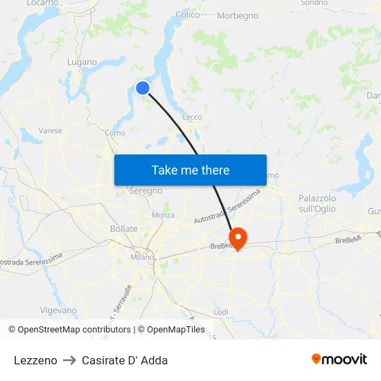 Lezzeno to Casirate D' Adda map