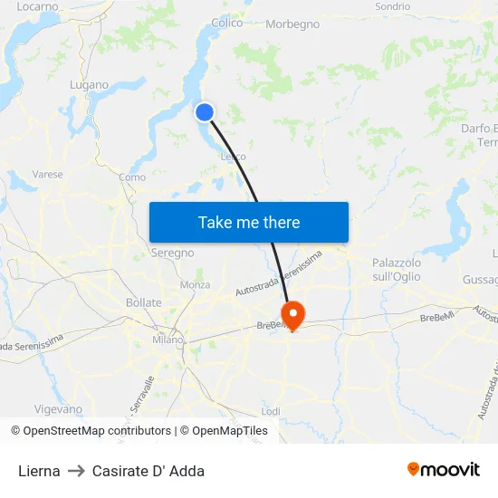 Lierna to Casirate D' Adda map