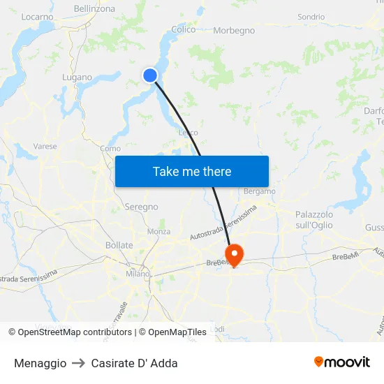 Menaggio to Casirate D' Adda map