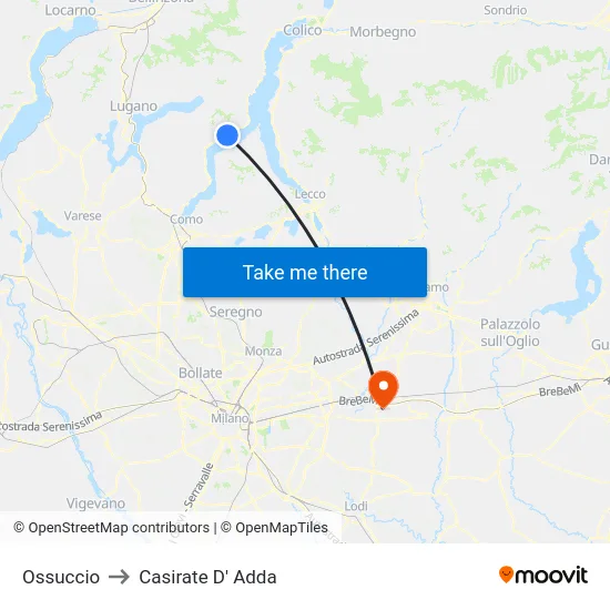 Ossuccio to Casirate D' Adda map