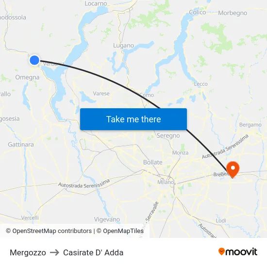Mergozzo to Casirate D' Adda map
