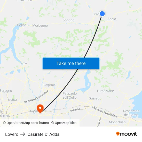 Lovero to Casirate d'Adda map