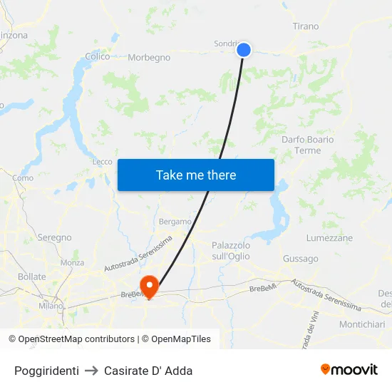 Poggiridenti to Casirate D' Adda map