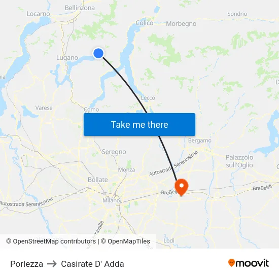 Porlezza to Casirate D' Adda map