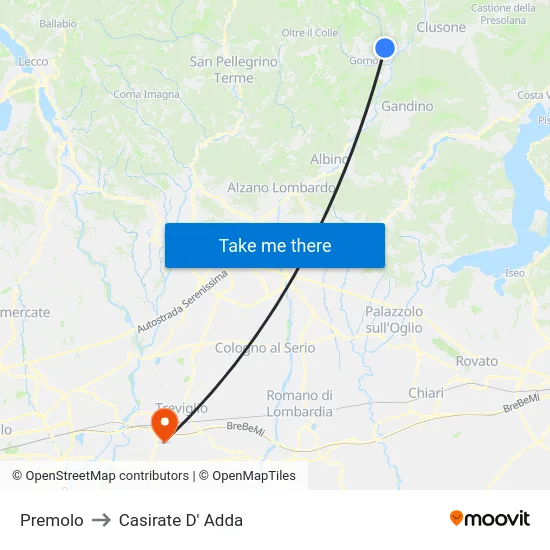 Premolo to Casirate D' Adda map