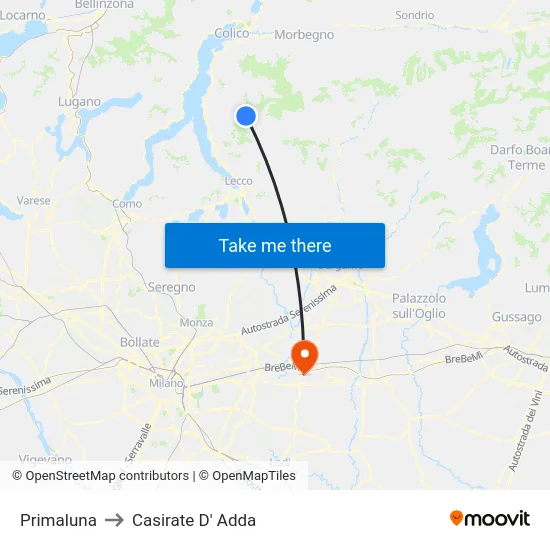 Primaluna to Casirate D' Adda map