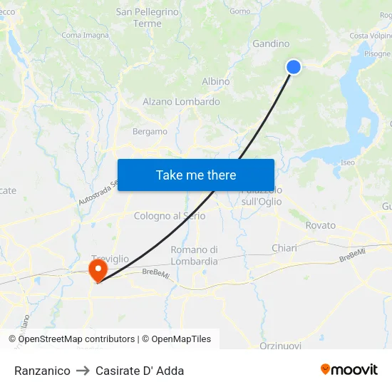 Ranzanico to Casirate D' Adda map
