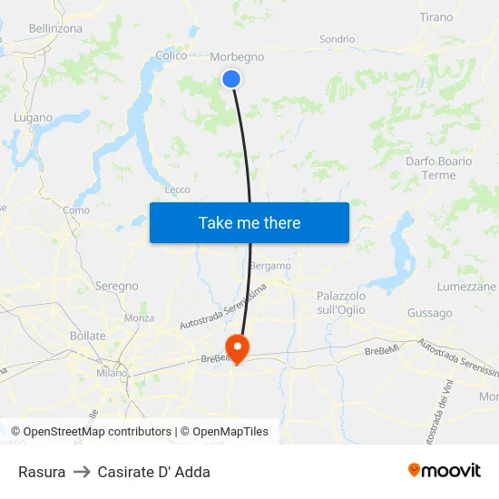 Rasura to Casirate D' Adda map