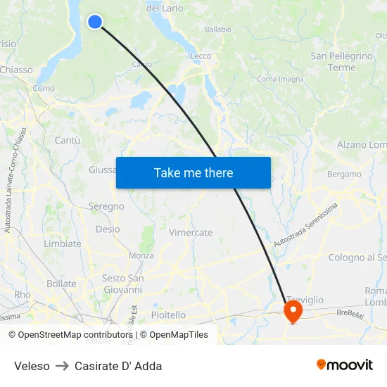 Veleso to Casirate D' Adda map