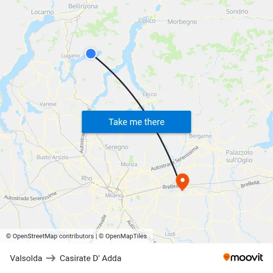 Valsolda to Casirate d'Adda map