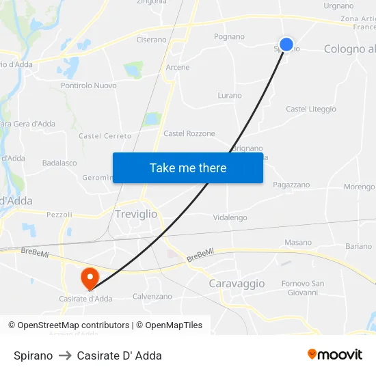 Spirano to Casirate D' Adda map