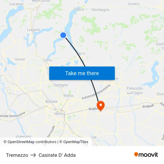 Tremezzo to Casirate D' Adda map