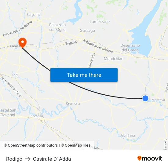 Rodigo to Casirate D' Adda map