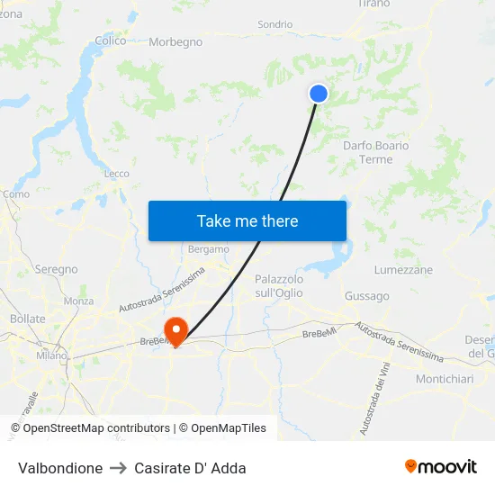 Valbondione to Casirate D' Adda map