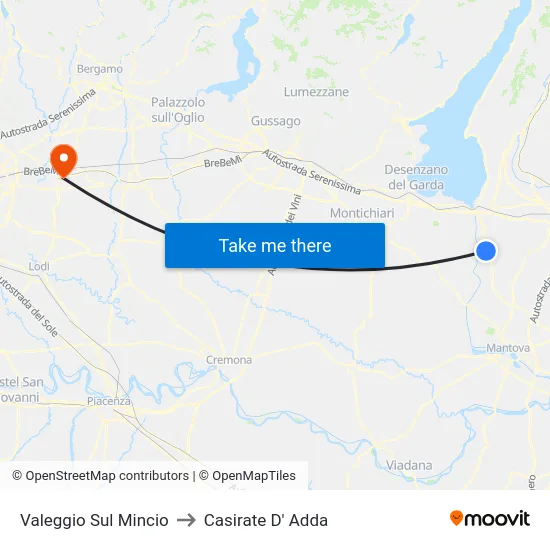 Valeggio Sul Mincio to Casirate D' Adda map