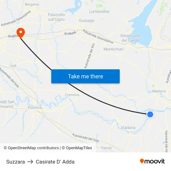 Suzzara to Casirate D' Adda map