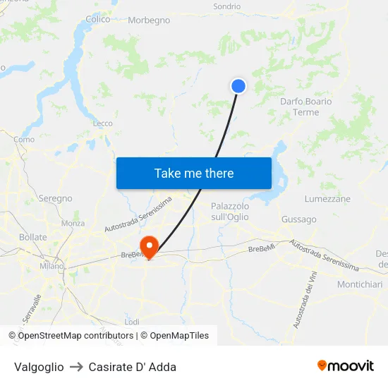 Valgoglio to Casirate D' Adda map