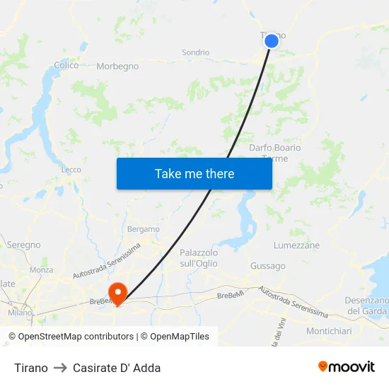 Tirano to Casirate D' Adda map