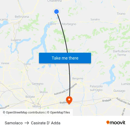 Samolaco to Casirate D' Adda map