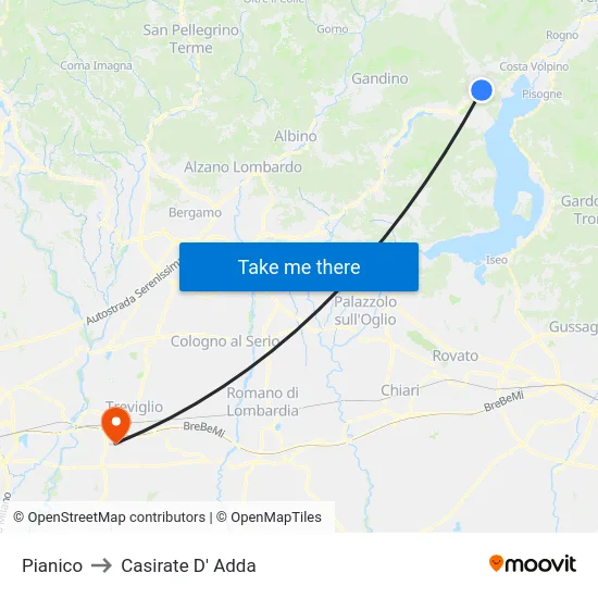 Pianico to Casirate D' Adda map