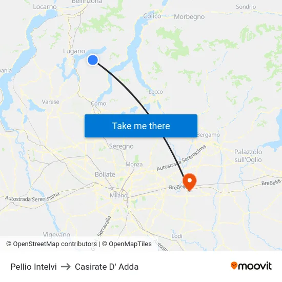 Pellio Intelvi to Casirate D' Adda map