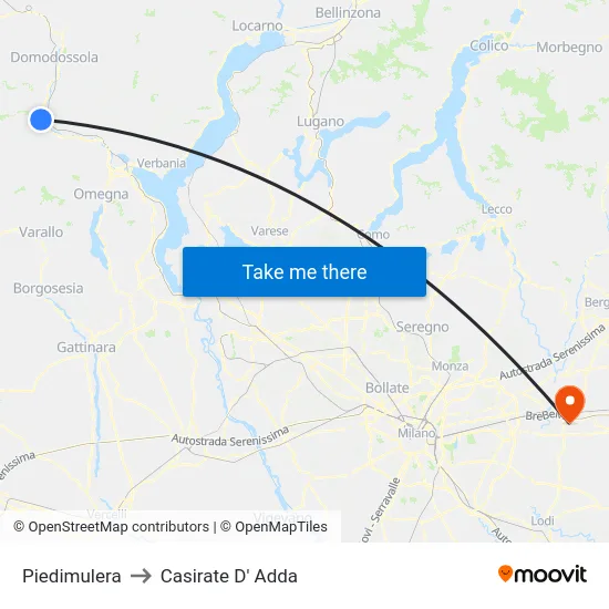 Piedimulera to Casirate D' Adda map