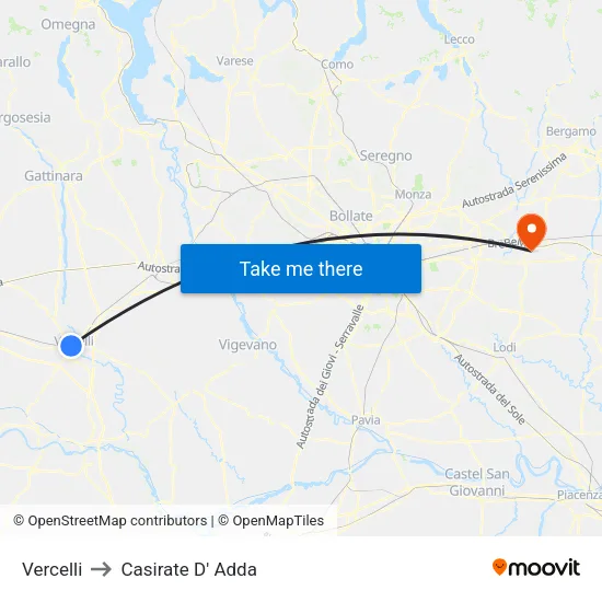 Vercelli to Casirate D' Adda map