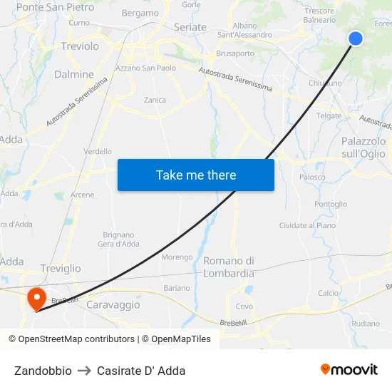Zandobbio to Casirate D' Adda map
