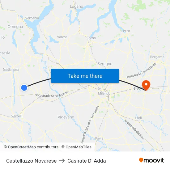 Castellazzo Novarese to Casirate D' Adda map
