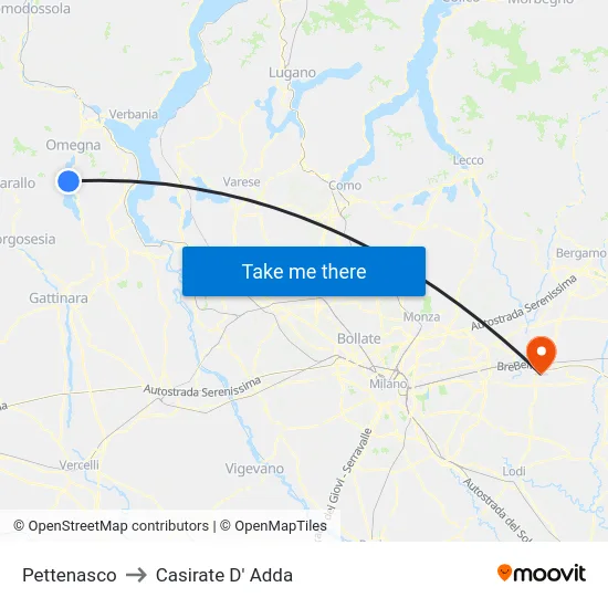 Pettenasco to Casirate D' Adda map