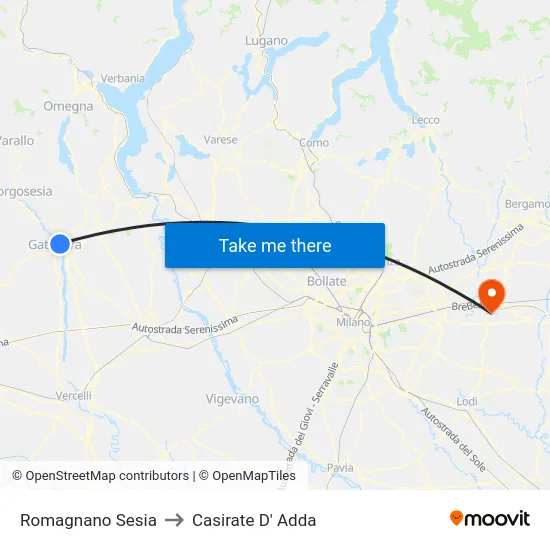 Romagnano Sesia to Casirate D' Adda map
